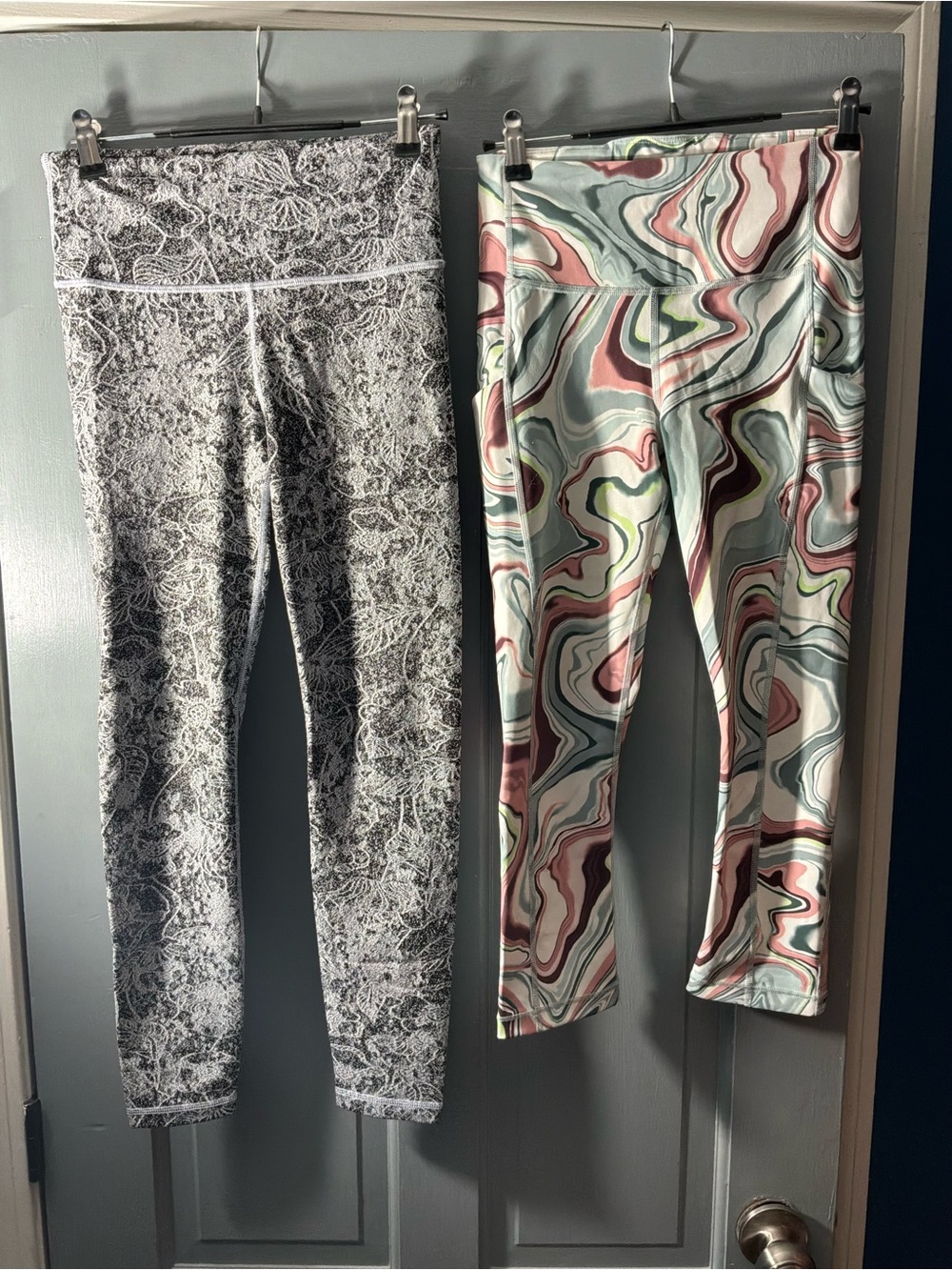Athleta Marble Swirl Leggings Pair — Black/White & Pastel Multicolor